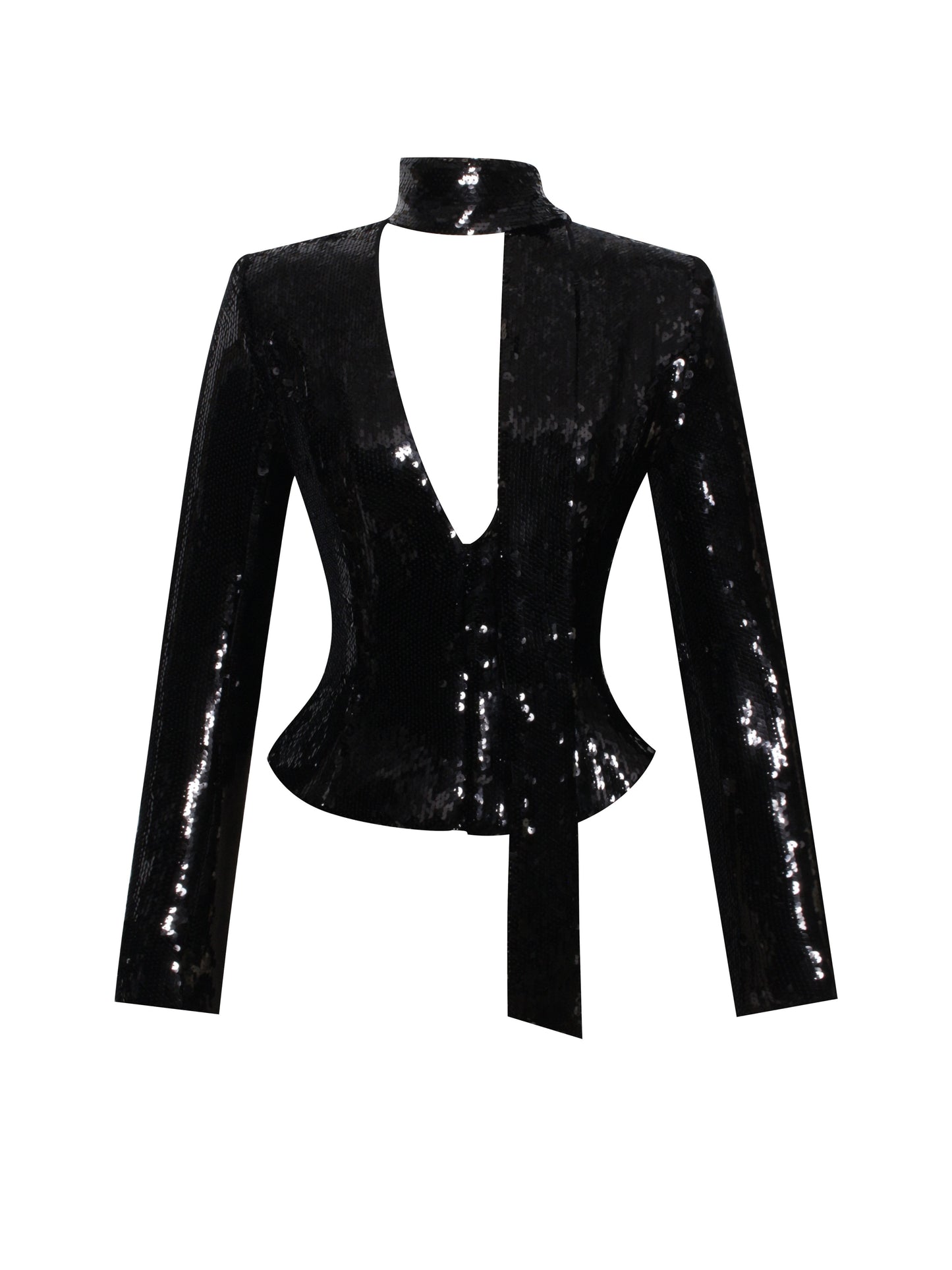 Tamina Black Sequin Deep V Peplum Top With Scarf