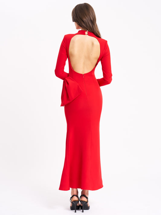 Radha Red Backless Longsleeve Maxi Dress With Bow