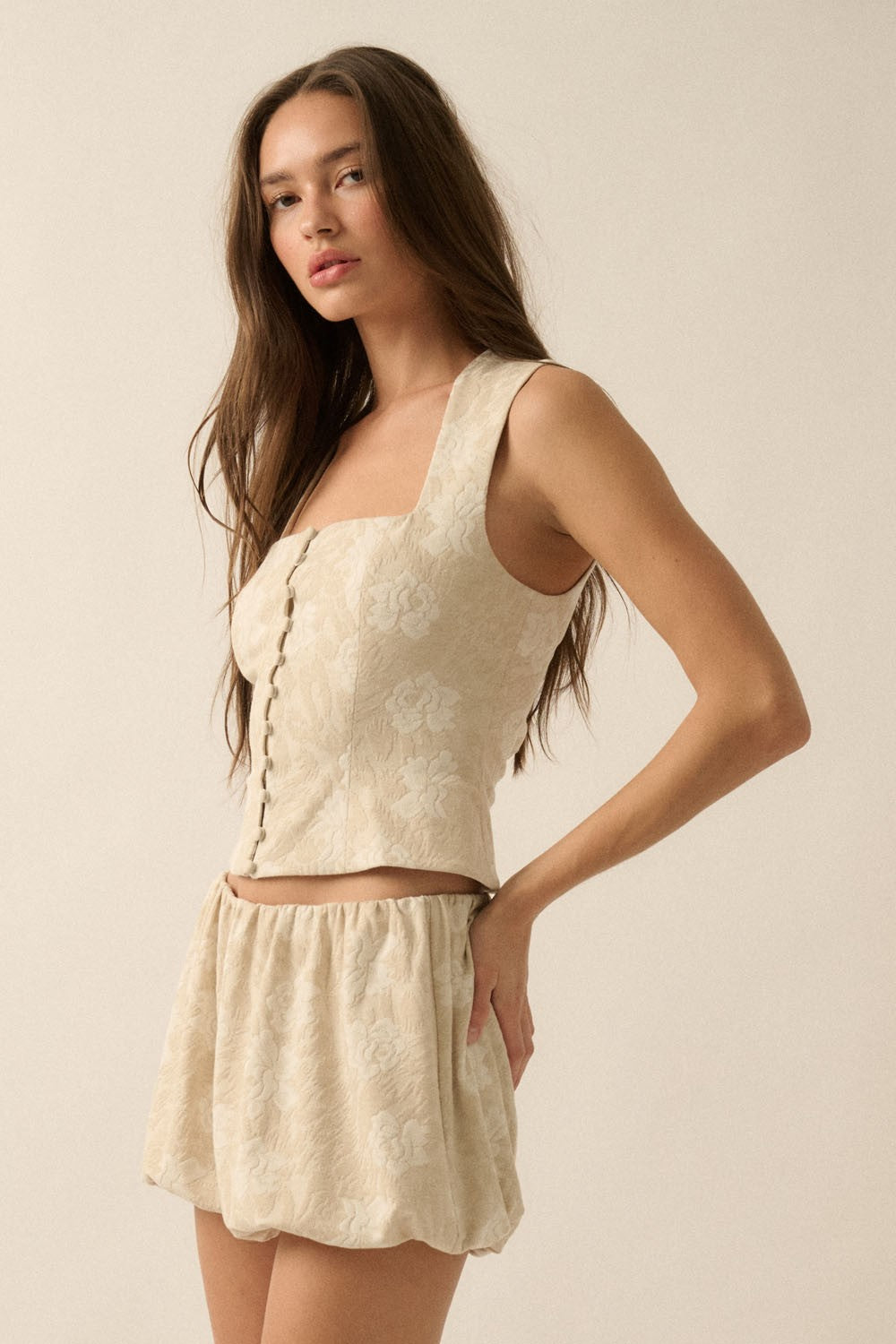 Floral Jacquard Tapestry Button-Front Corset Top
