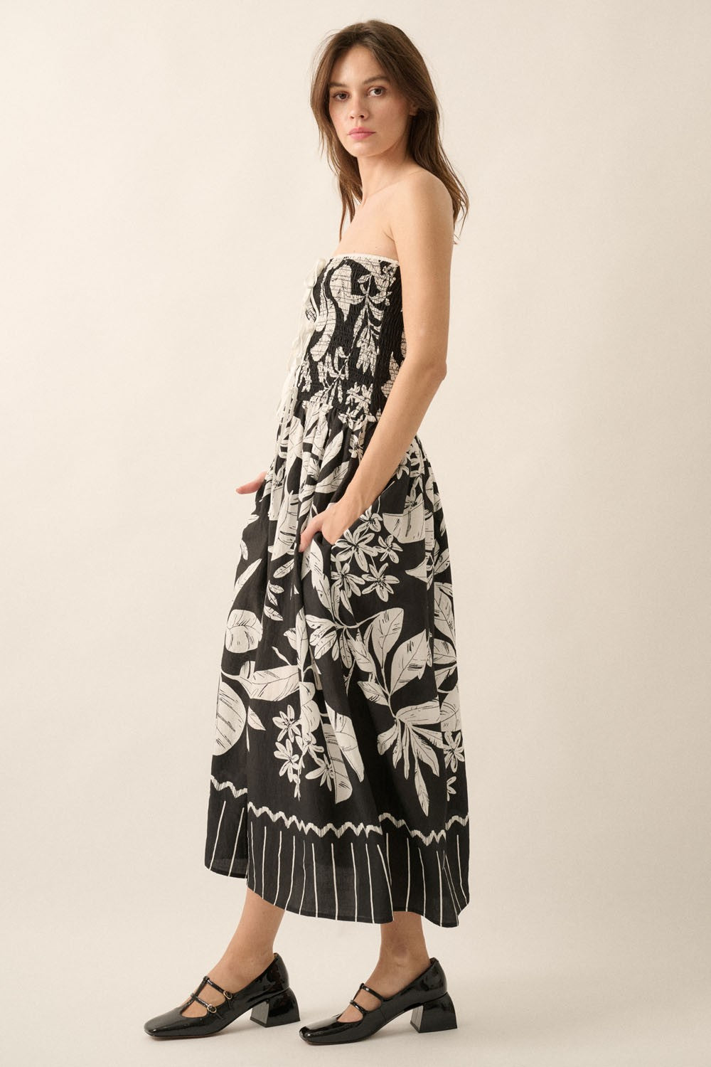 Tropical Floral Strapless Tie-Front Midi Dress