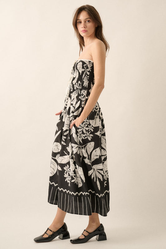 Tropical Floral Strapless Tie-Front Midi Dress