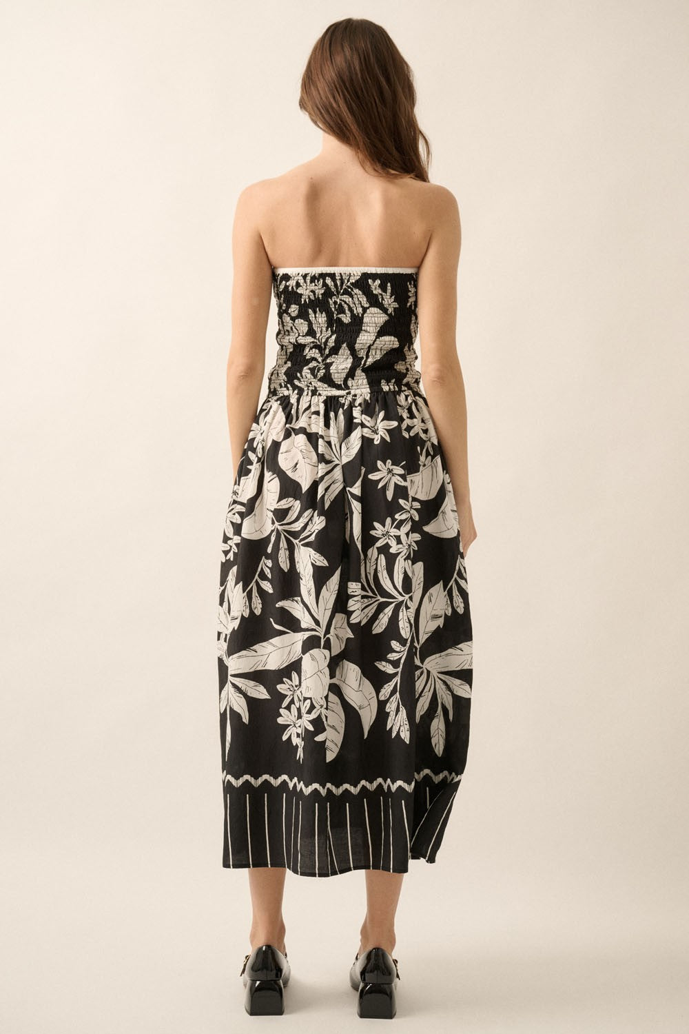 Tropical Floral Strapless Tie-Front Midi Dress