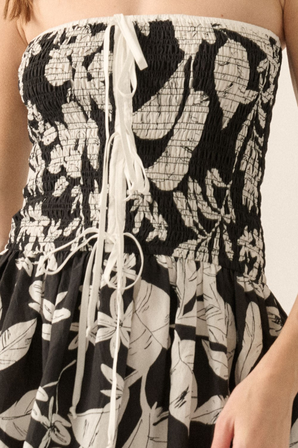 Tropical Floral Strapless Tie-Front Midi Dress