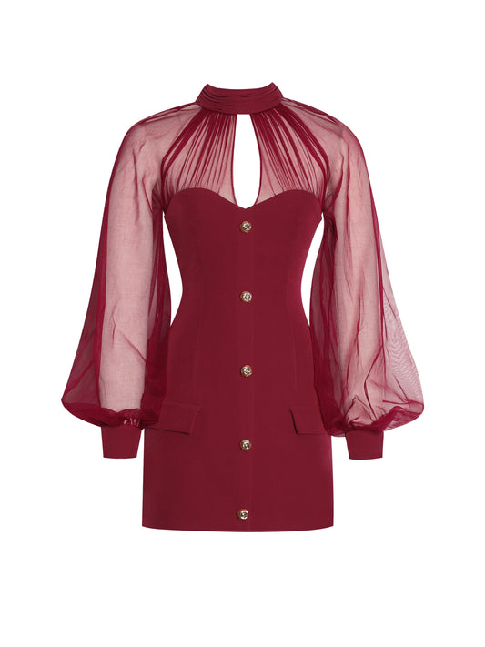 Tabitha Burgundy Mesh Lantern Sleeve Mini Dress