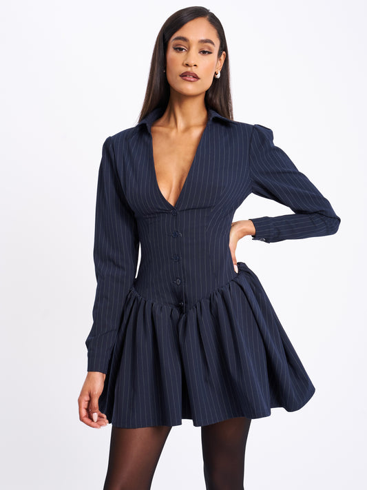 Xabrina Navy Blue Pinstripe Long Sleeve Dress