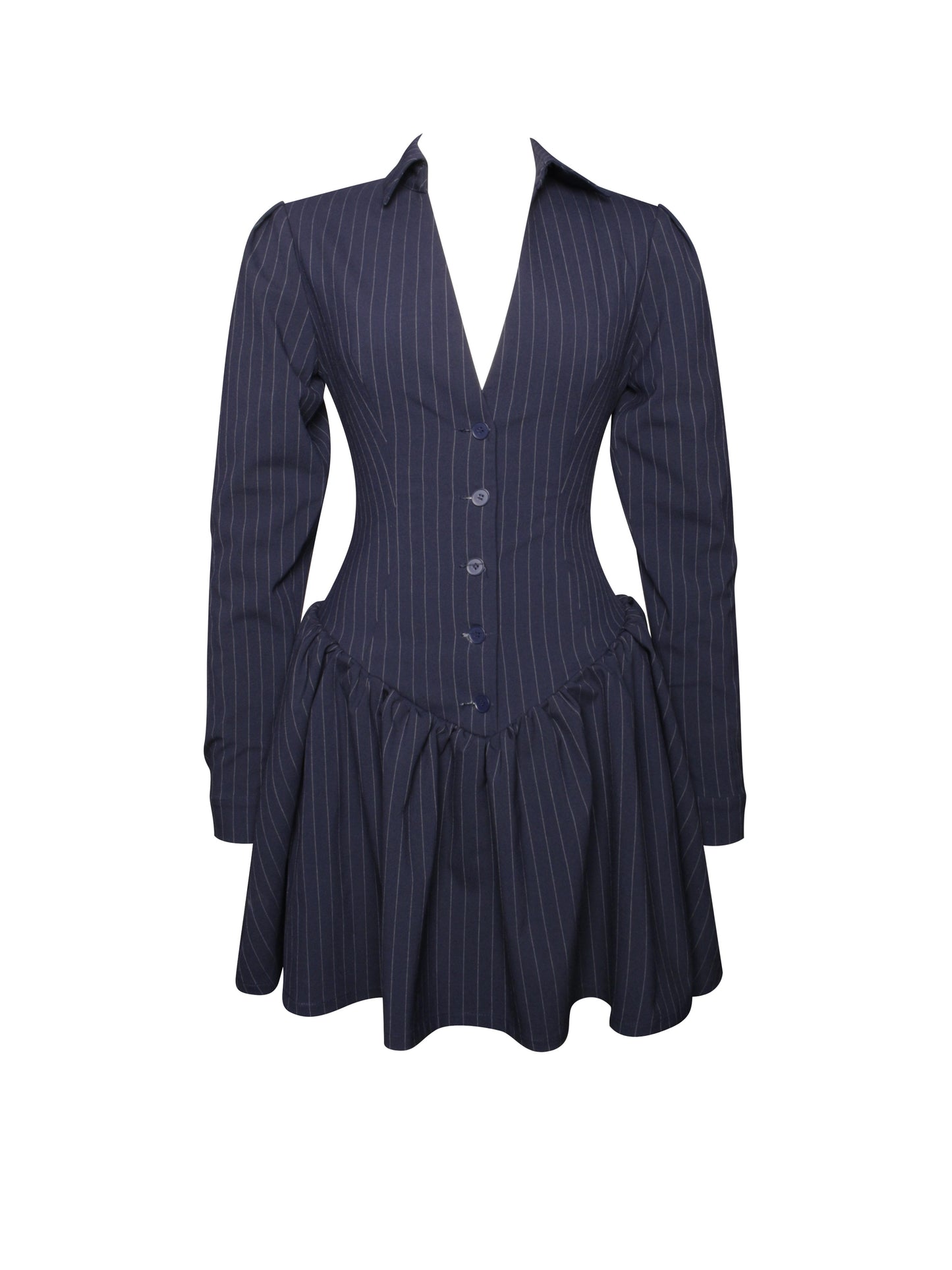 Xabrina Navy Blue Pinstripe Long Sleeve Dress