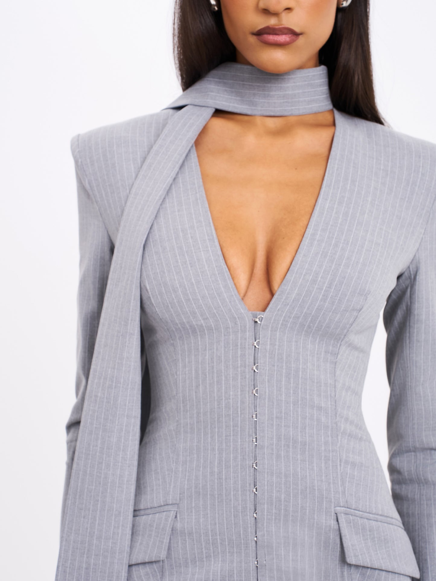 Tahlia Deep V Pinstripes Gray Blazer Dress