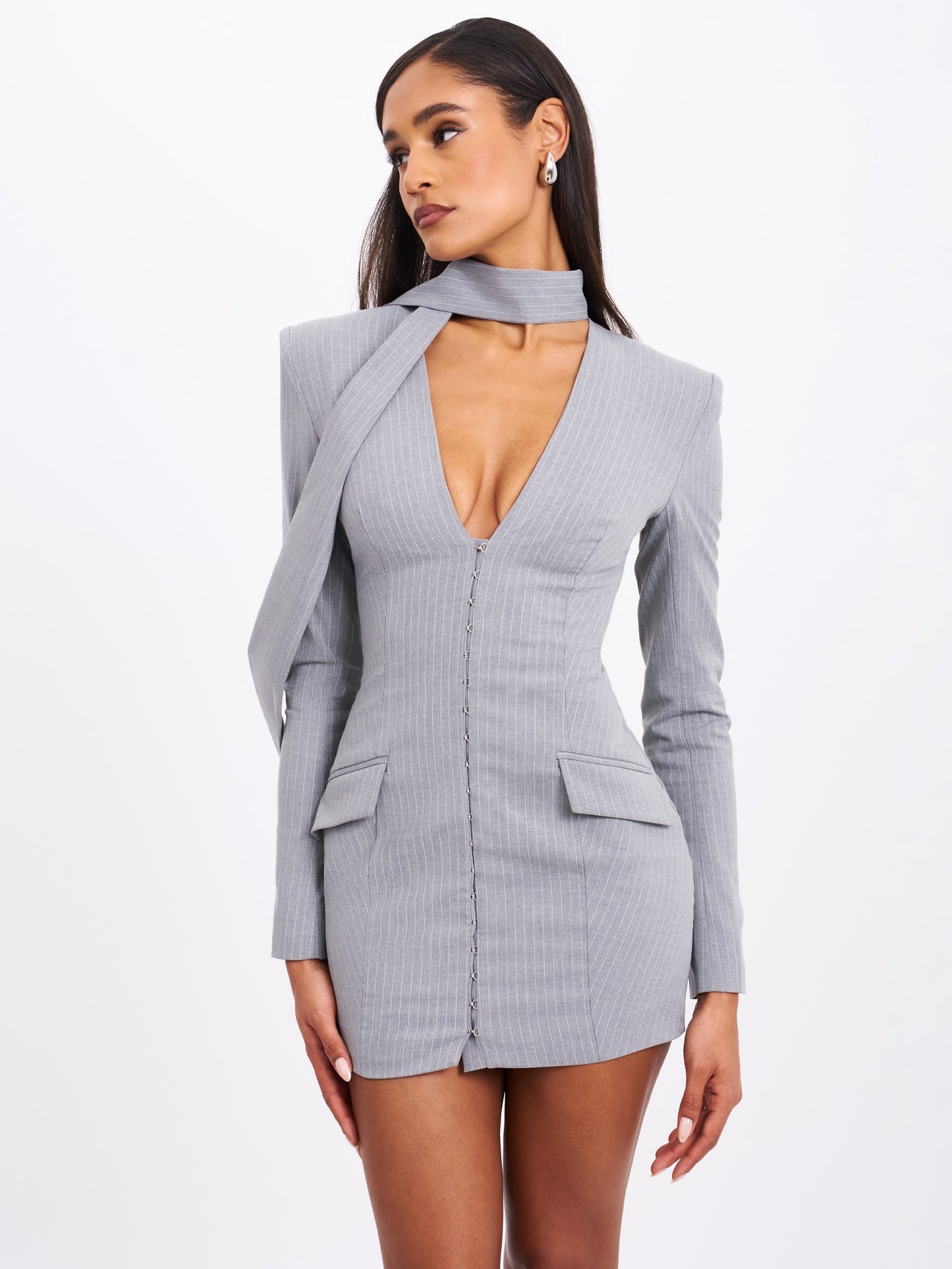 Tahlia Deep V Pinstripes Gray Blazer Dress