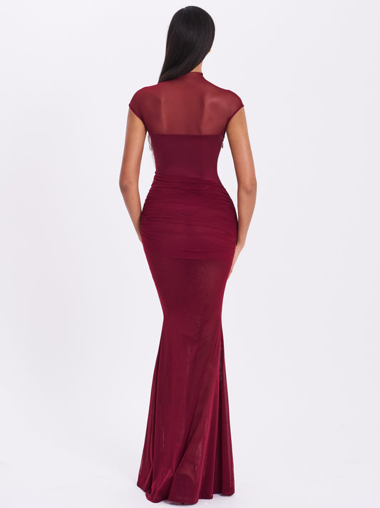 Fabienne Burgundy Mesh Cap Sleeve Mermaid Gown