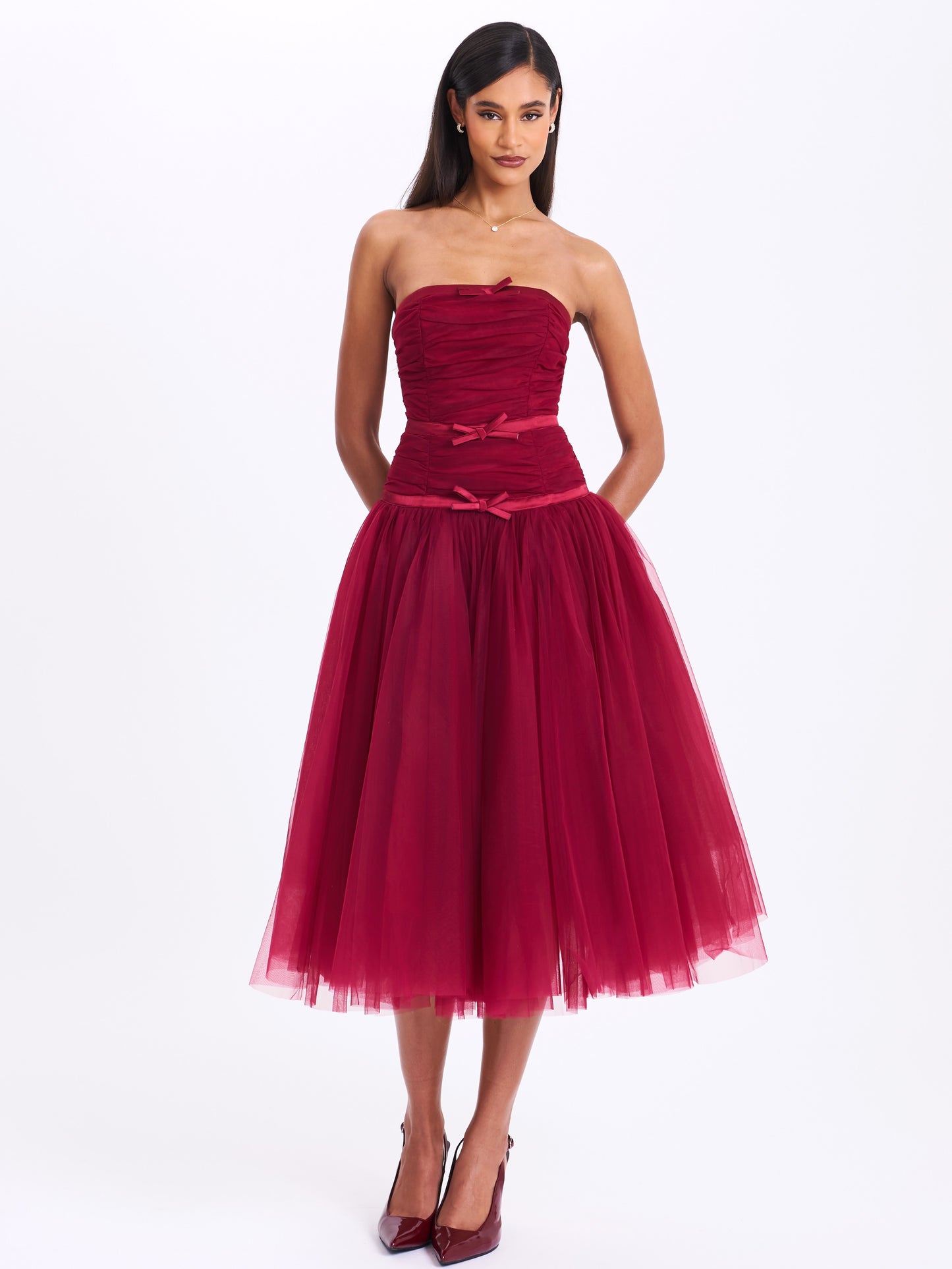Mabel Drop Waist Layered Mesh Midi Puffy Dress