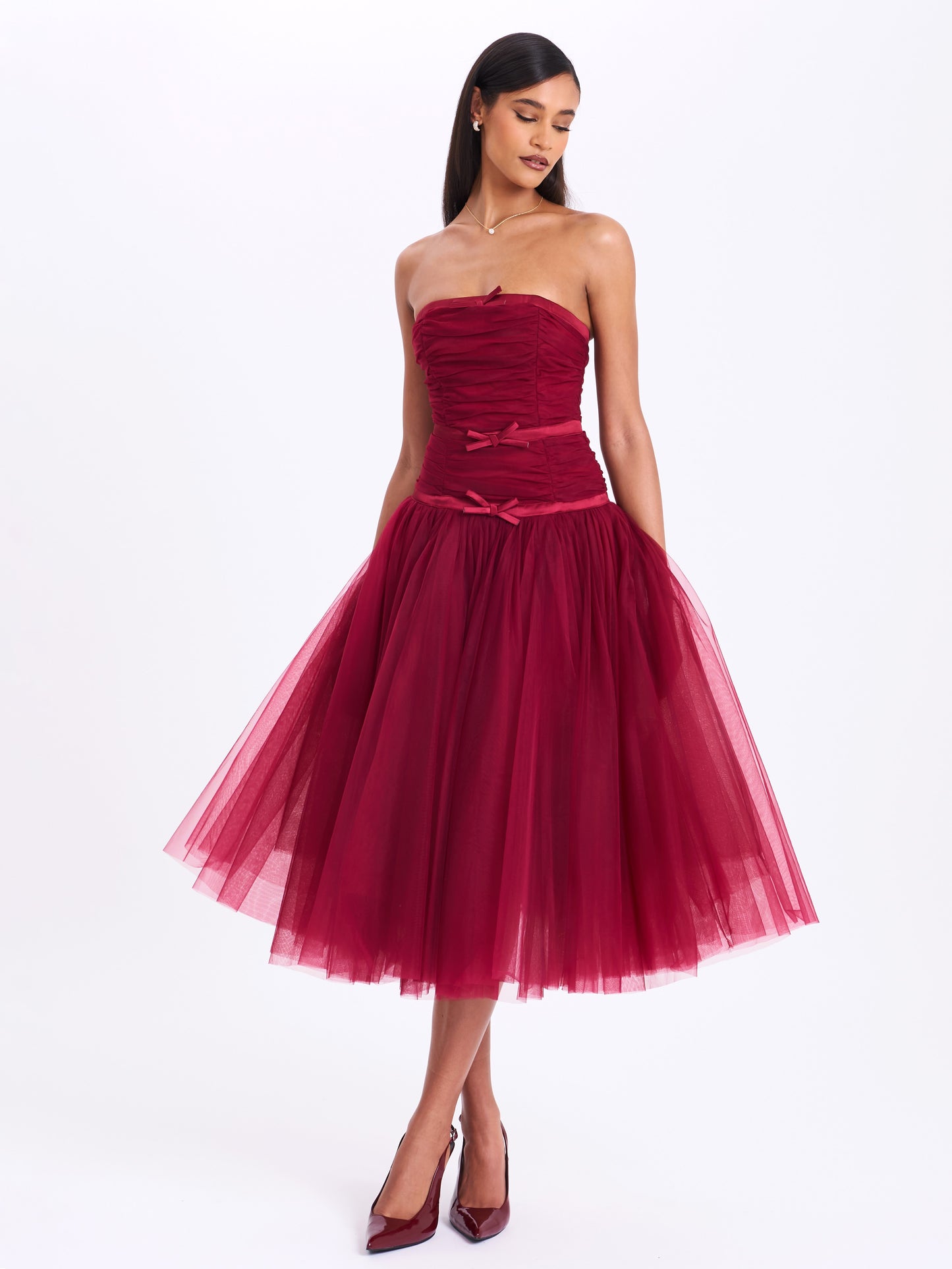 Mabel Drop Waist Layered Mesh Midi Puffy Dress