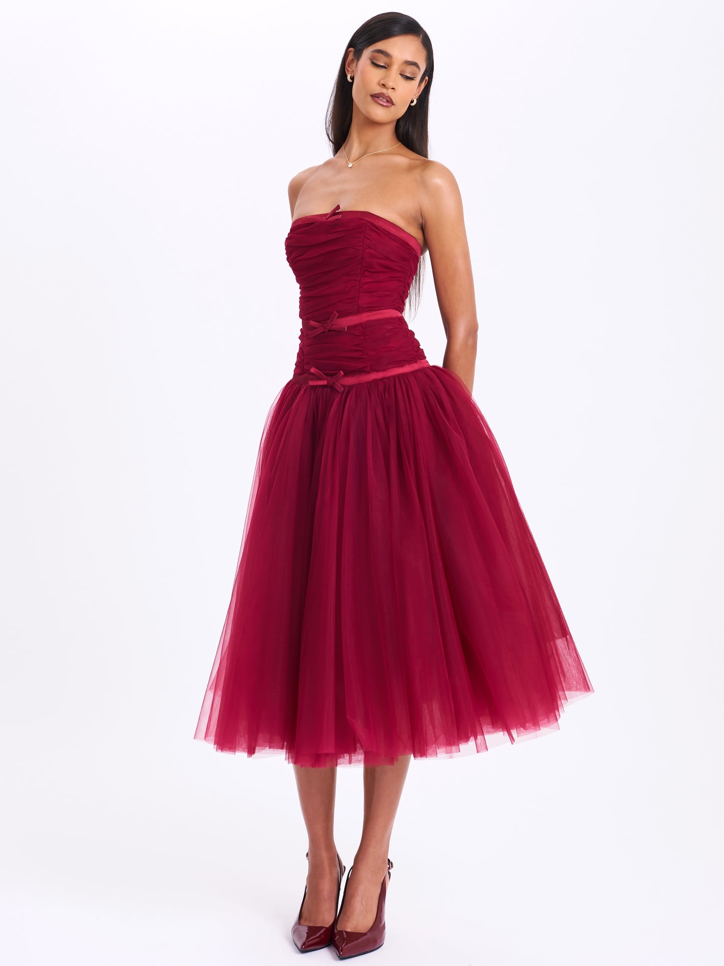 Mabel Drop Waist Layered Mesh Midi Puffy Dress