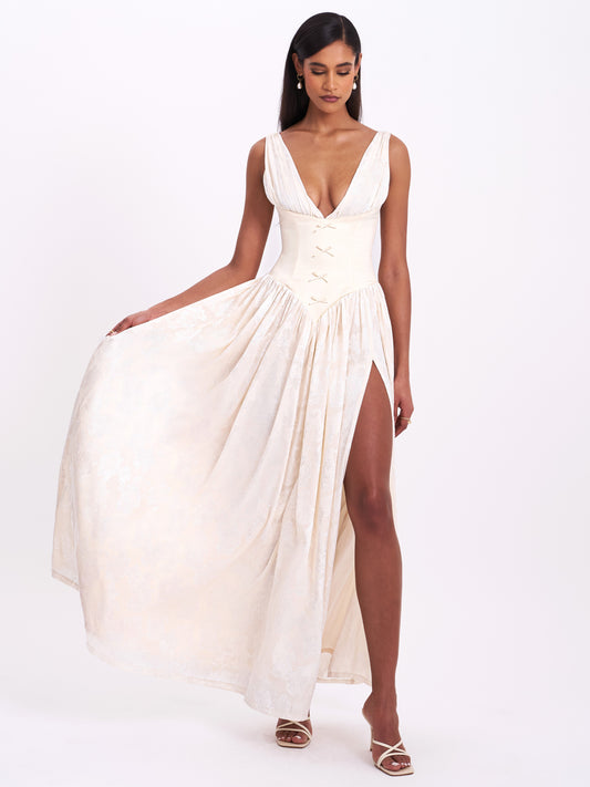 Sabrina Yellow High Slit Jacquard Maxi Dress