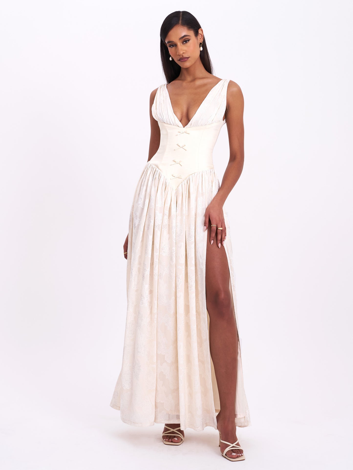 Sabrina Yellow High Slit Jacquard Maxi Dress
