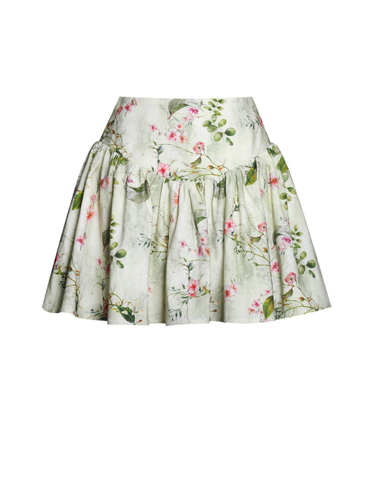 Zanelle Green Floral Print Drop Waist Linen Skirt