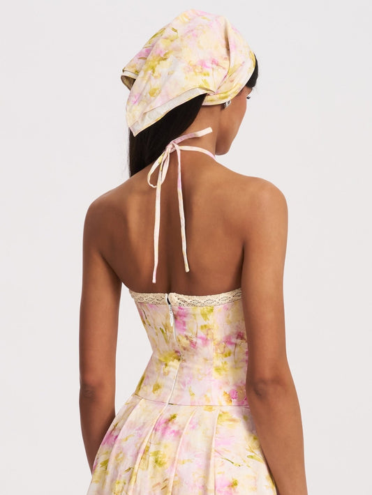 Zaina Yellow Pink Floral Print Lace Midi Dress