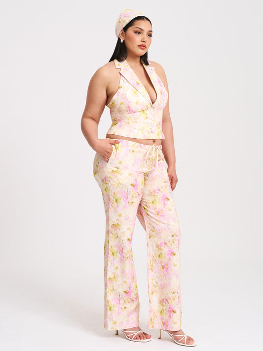 Laureen Pink Floral Print Linen Straight Pants