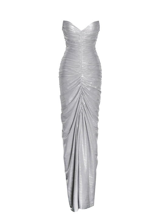 Sable Ruched Silver Glitter Mermaid Gown