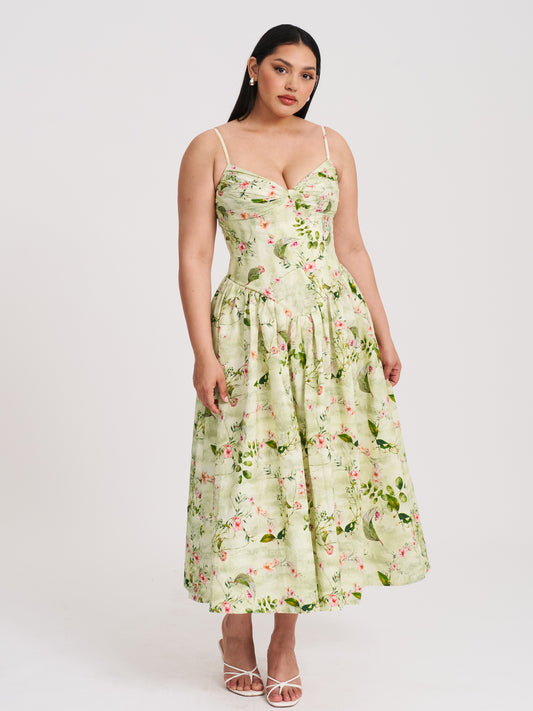 Jacinda Green Floral Print Linen Midi Dress