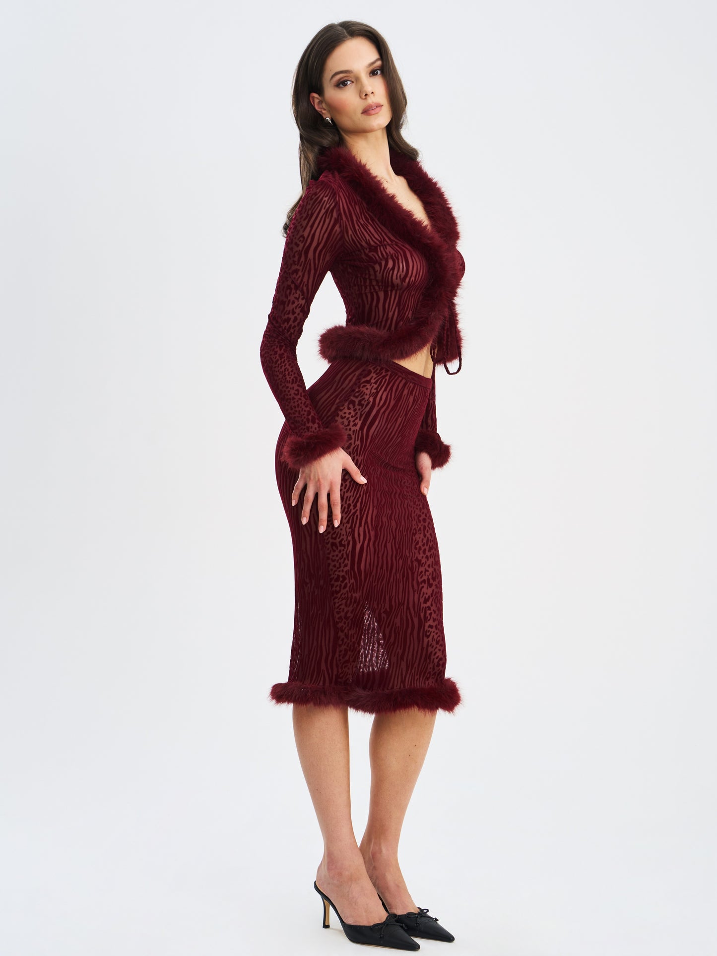 Hali Burgundy Animal Print Burnout Velvet Fur Top