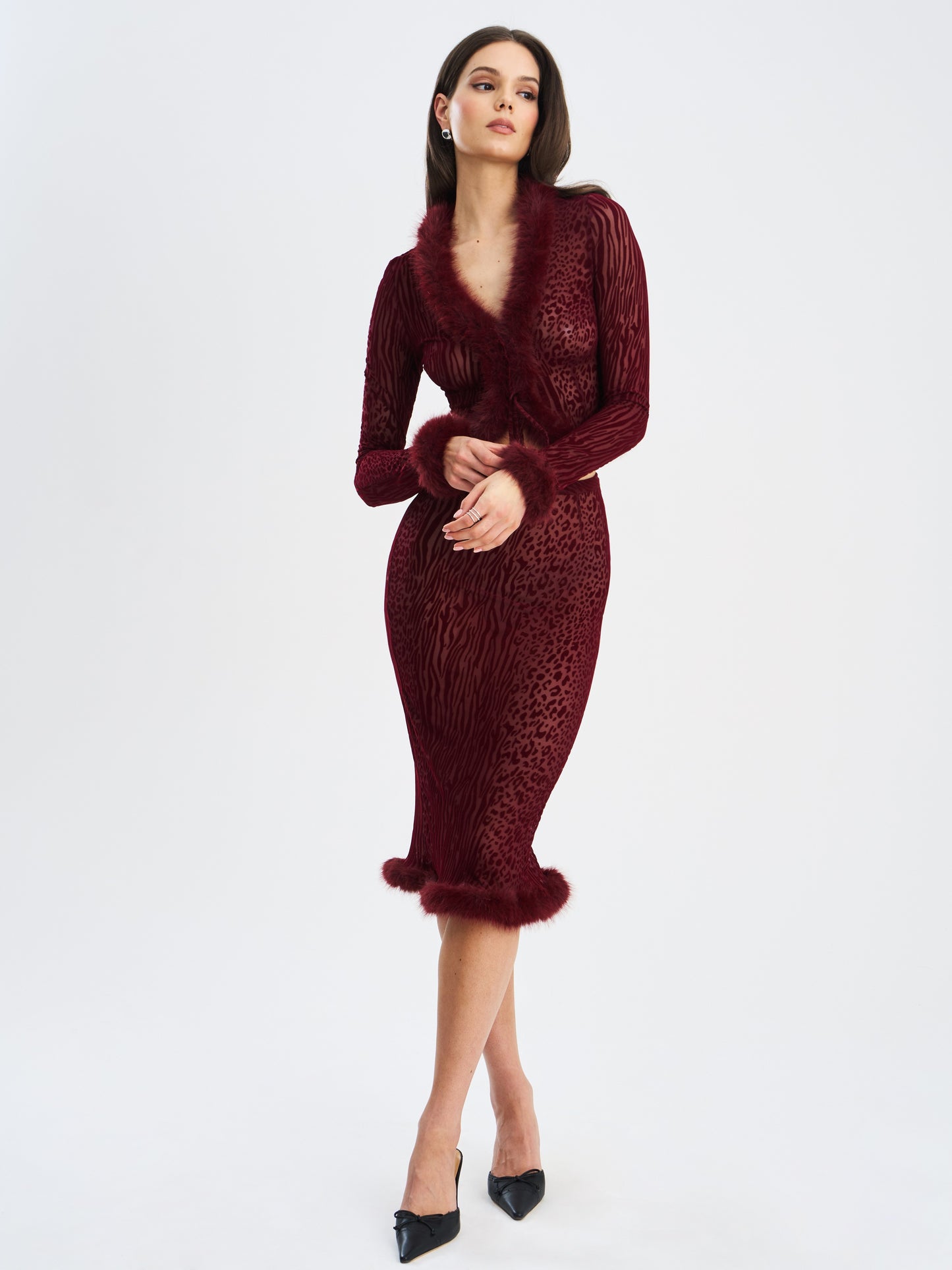 Hali Burgundy Animal Print Burnout Velvet Fur Top