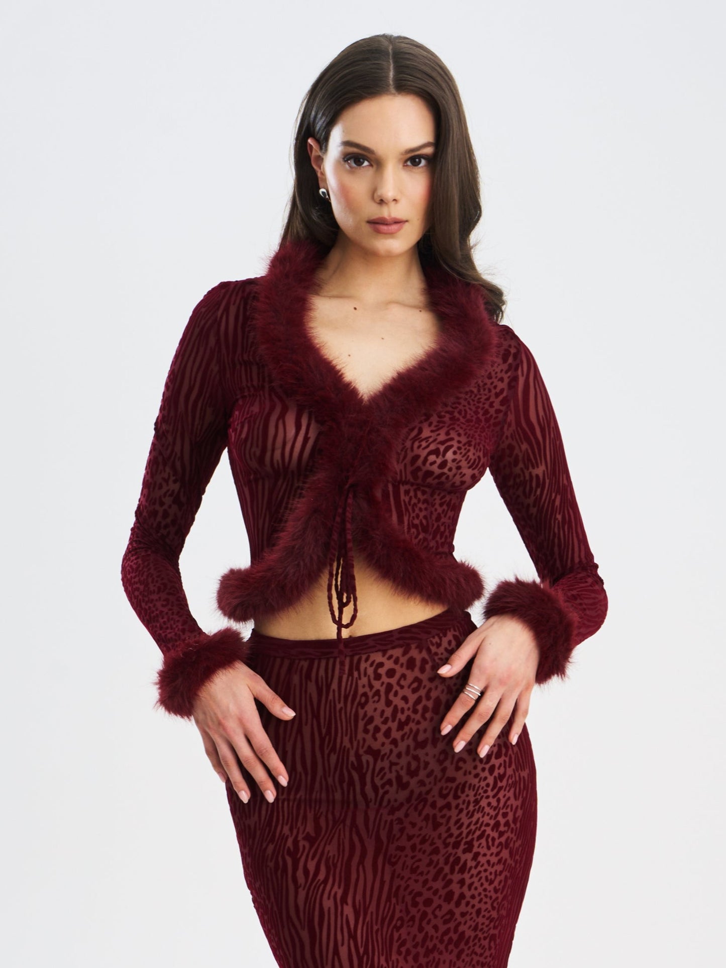 Hali Burgundy Animal Print Burnout Velvet Fur Top
