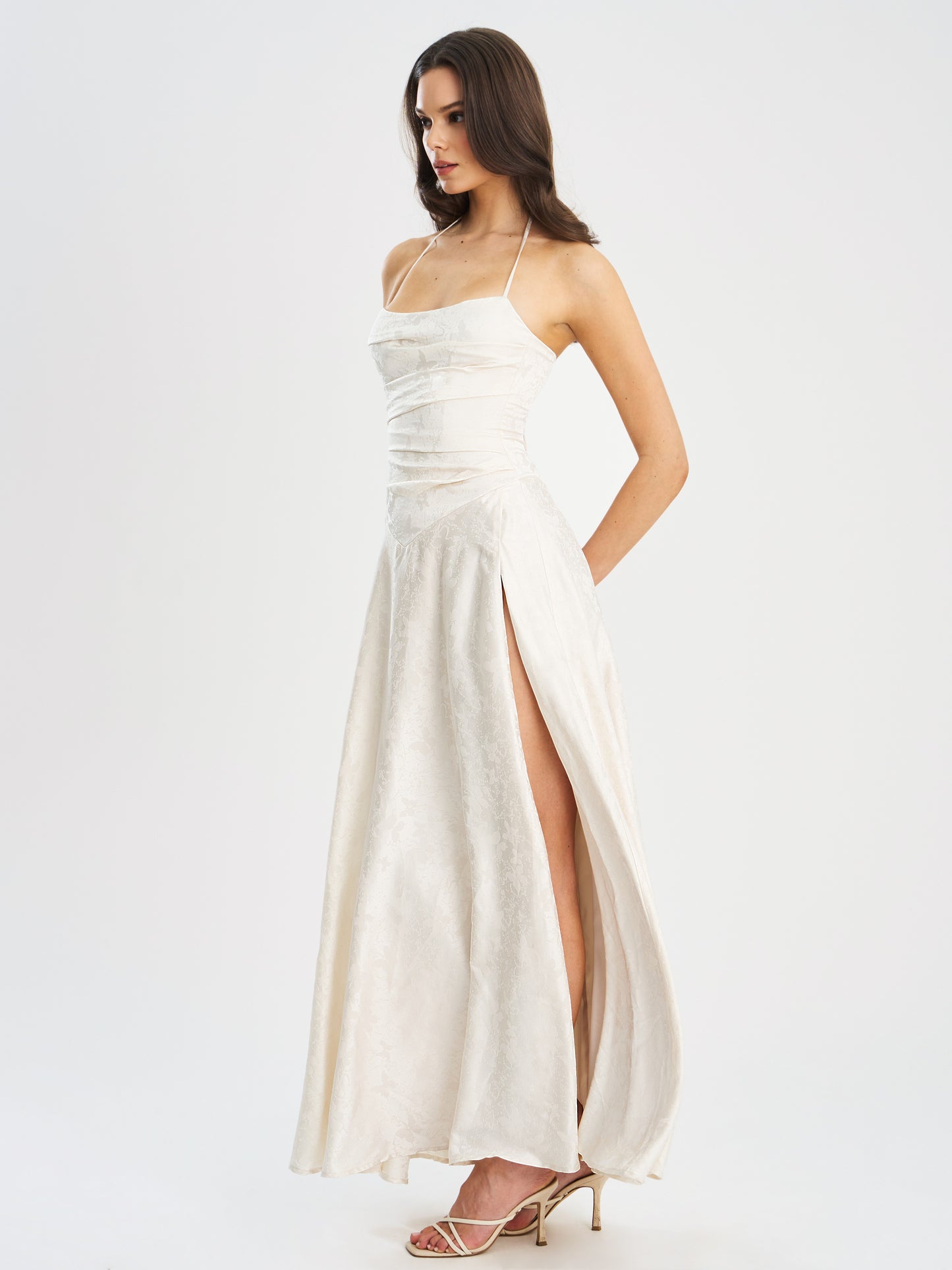 Raegan Pearl White Jacquard Rouched Maxi Dress