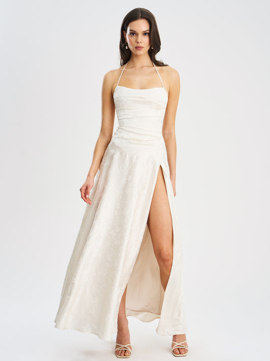 Raegan Pearl White Jacquard Rouched Maxi Dress
