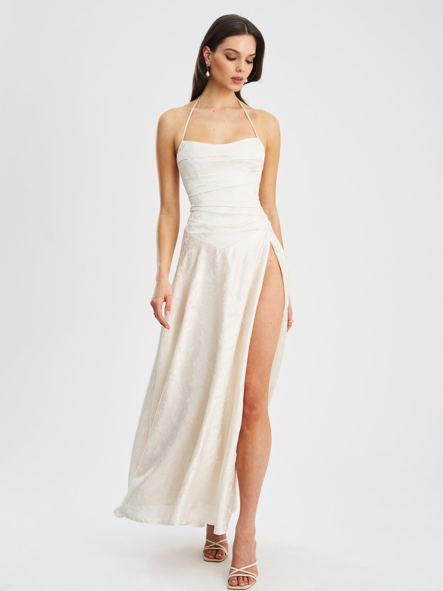Raegan Pearl White Jacquard Rouched Maxi Dress
