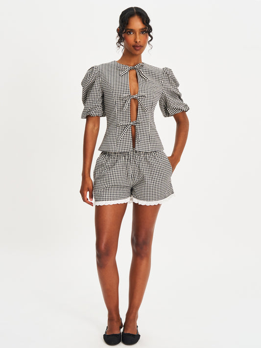 Qusayla Black Gingham Bubble Sleeve Bowtie Top