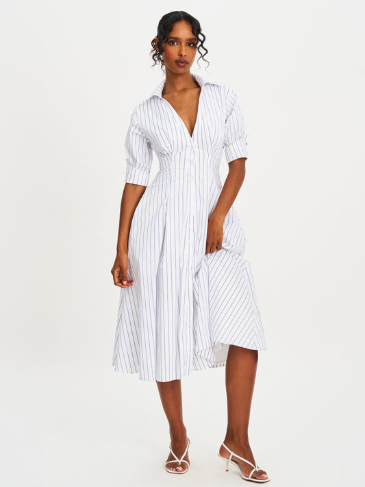 Palina Pinstripes Cotton Midi Preppy Shirt Dress