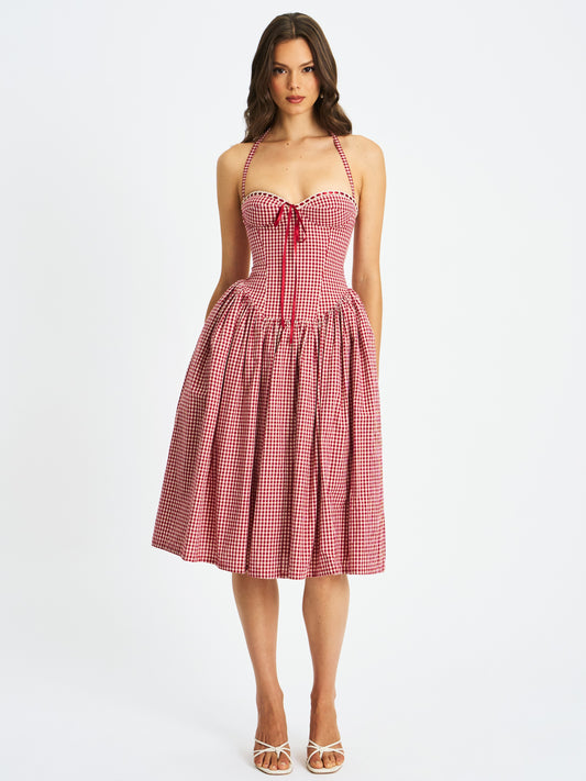Susanna Red Gingham Halter Drop Waist Midi Dress