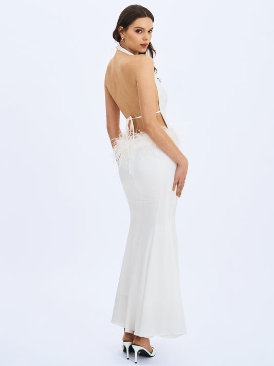 Solene Halter Backless Feather-trim Maxi Dress