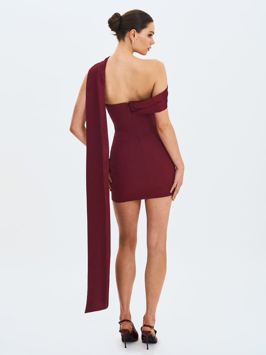 Ovelia Crimson Satin Ribbon Strapless Mini Dress