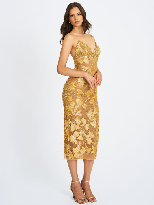 Edie Gold Beaded Sequin Midi Pencil Dress