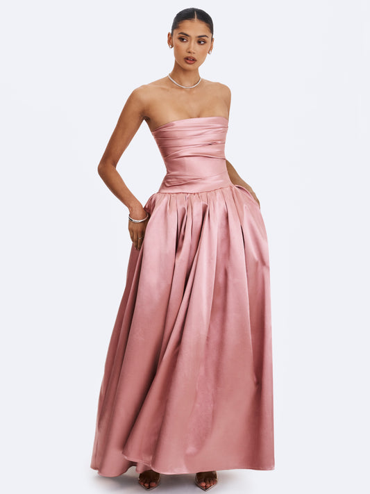 Willette Deep Rose Satin Strapless Gathered Maxi Dress