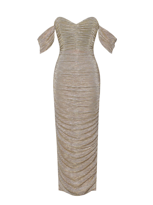 Gene Gold Ruched Off Shoulder Chiffon Dress