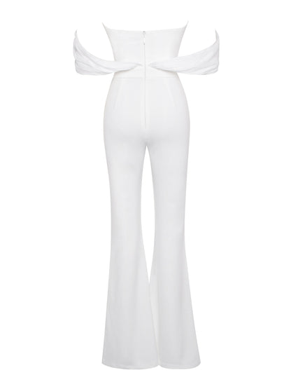 Sherlyn White Off Shoulder Flared Crepe Jumpsuit