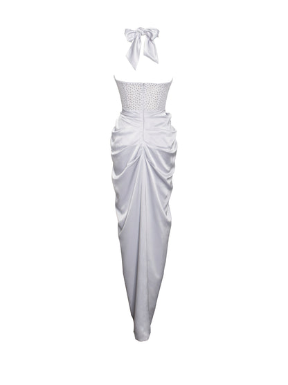Noemie Champagne Crystal Corset Satin Gown