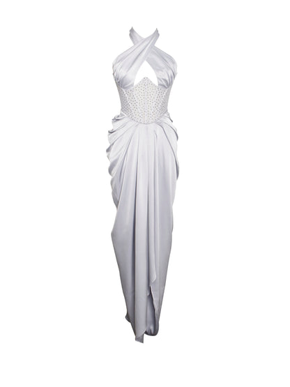 Noemie Champagne Crystal Corset Satin Gown