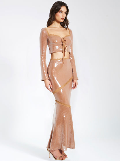 Odalis Nude Sequin Maxi Skirt with Lace Trim