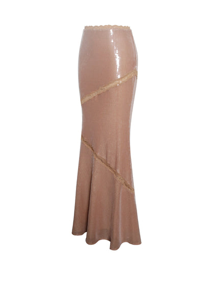 Odalis Nude Sequin Maxi Skirt with Lace Trim