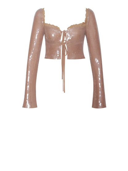 Ollie Nude Sequin Lace Up Top with Lace Trim