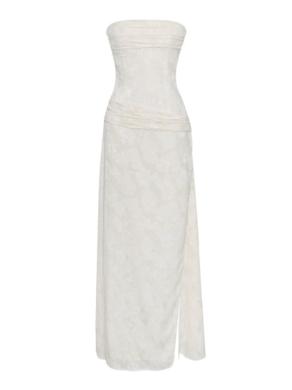Xatia Off White Jacquard Textured High Slit Dress