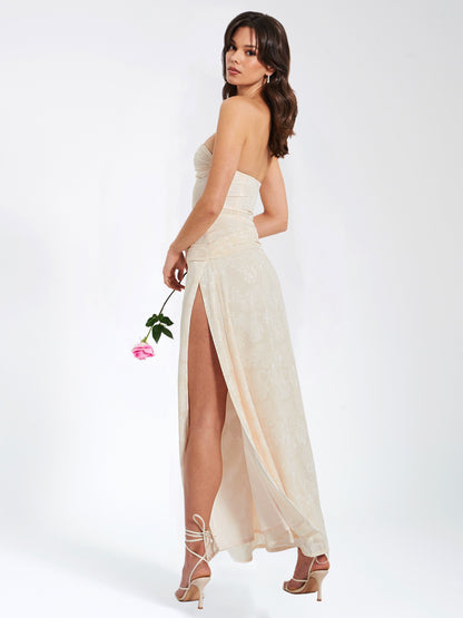 Xatia Off White Jacquard Textured High Slit Dress