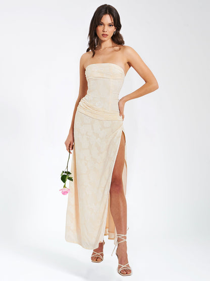 Xatia Off White Jacquard Textured High Slit Dress