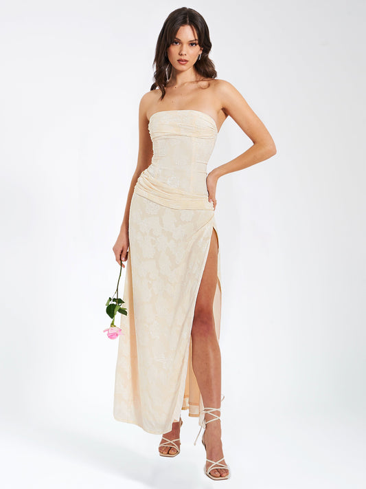 Xatia Off White Jacquard Textured High Slit Dress