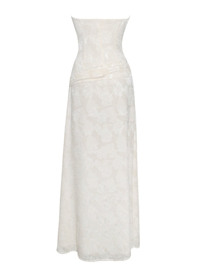 Xatia Off White Jacquard Textured High Slit Dress