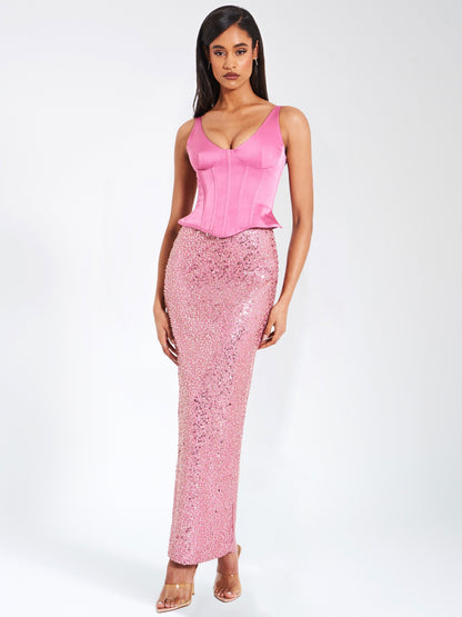 Juliana Pink Satin Corset Sequin Maxi Dress