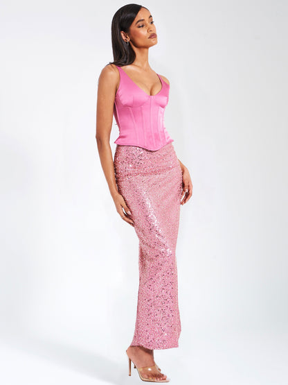 Juliana Pink Satin Corset Sequin Maxi Dress